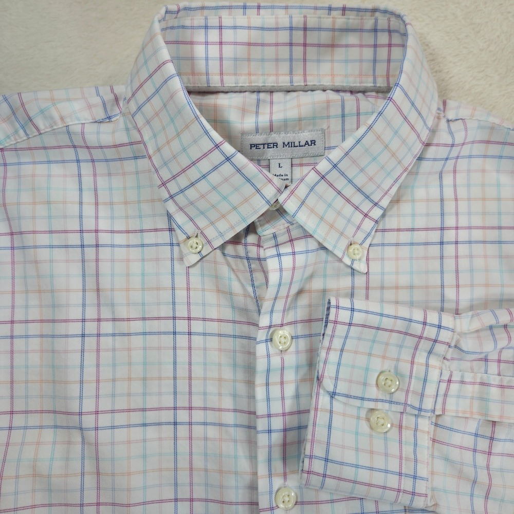 Peter Millar Mens Tattersall Button Down Shirt L Multi Cotton Nylon Stretch